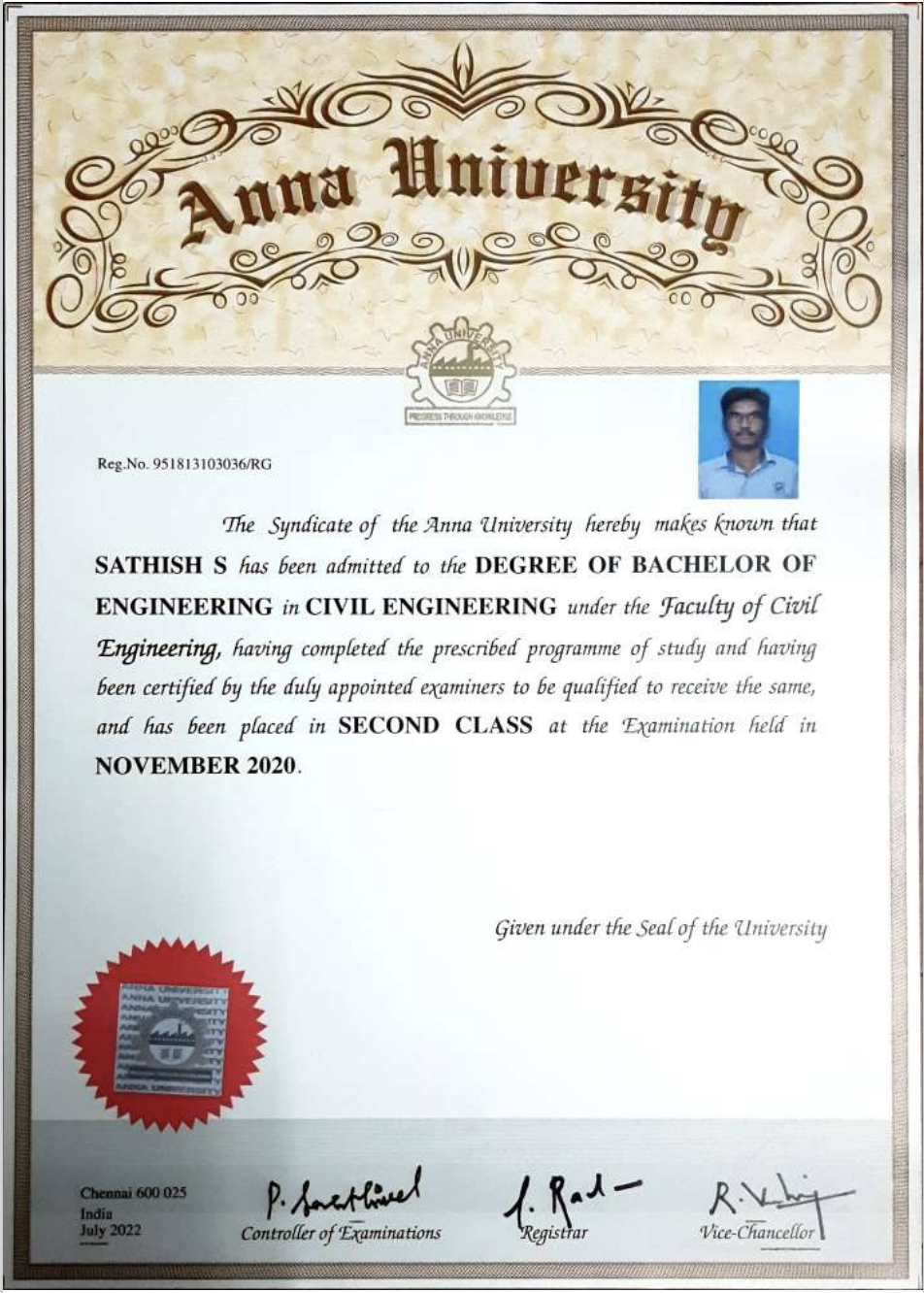 Anna University B.E. Civil Engineering degree certificate - Sathish S, Second Class, November 2020